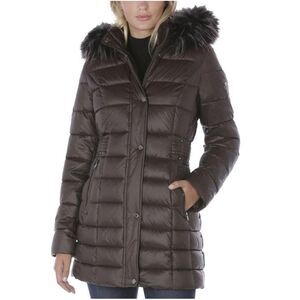 Laundry by Shelli Segal Quilted Puffer Coat Faux Fur Hood Coffee/Brown Medium